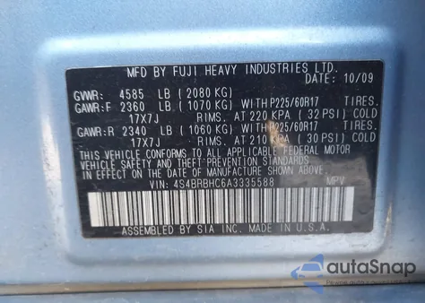 2010 Subaru Outback 2.5I Premium from USA, damaged, VIN 4S4BRBHC6A3335588